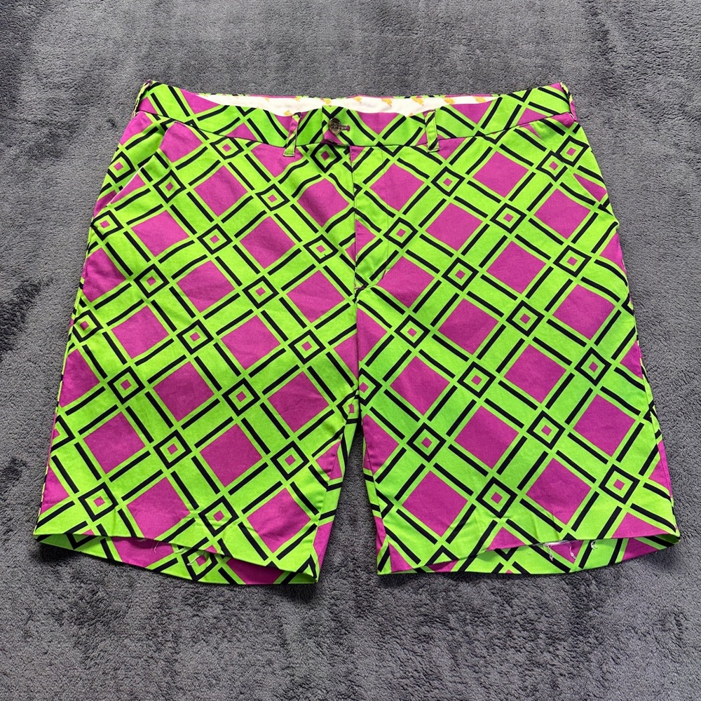 Loudmouth Golf Shorts Mens 42 Green Purple Geometric Plaid Flat Front Stretch